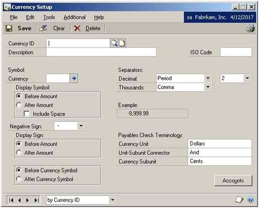 Open the Currency Setup window
